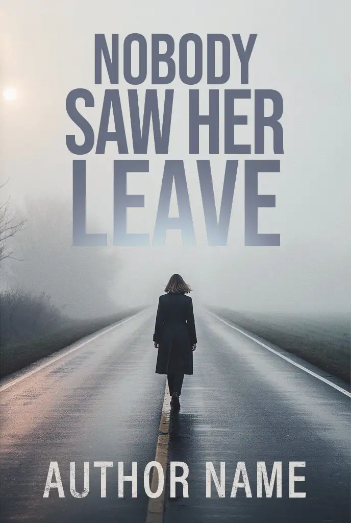 The same thriller cover after rescue: the title is stacked in the fog at the top in clean geometric capitals, and the figure walks clear of the type
